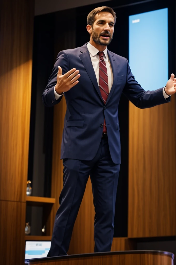 A man giving a speech showing his hands