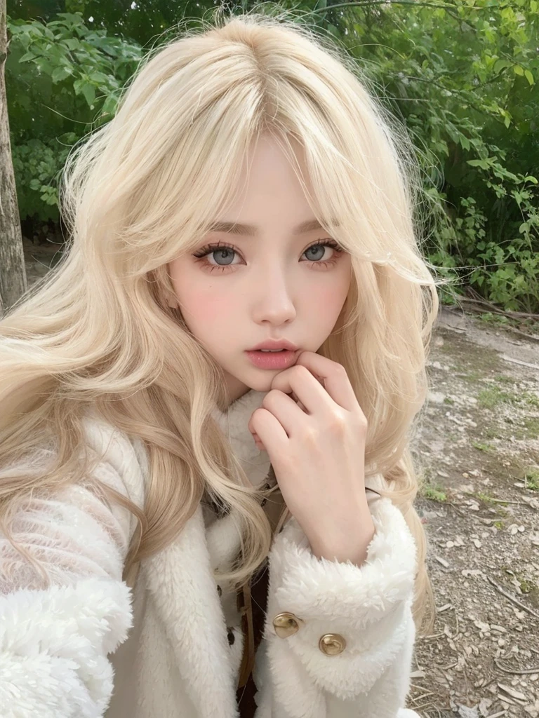 Blonde woman with long hair holding a white cell phone., retrato de kim petras, maquillaje popular de corea del sur, Retrato de Jossi de Blackpink, Parque Roseanne de Blackpink, ulzzang, maquillaje coreano popular, cruel korean gothic girl, ava max, con el pelo largo y blanco, inspirado en Yanjun Cheng, bella delfina, kim taejin