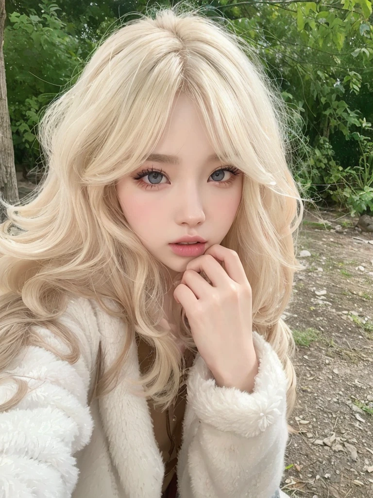 Blonde woman with long hair holding a white cell phone., retrato de kim petras, maquillaje popular de corea del sur, Retrato de Jossi de Blackpink, Parque Roseanne de Blackpink, ulzzang, maquillaje coreano popular, cruel korean gothic girl, ava max, con el pelo largo y blanco, inspirado en Yanjun Cheng, bella delfina, kim taejin