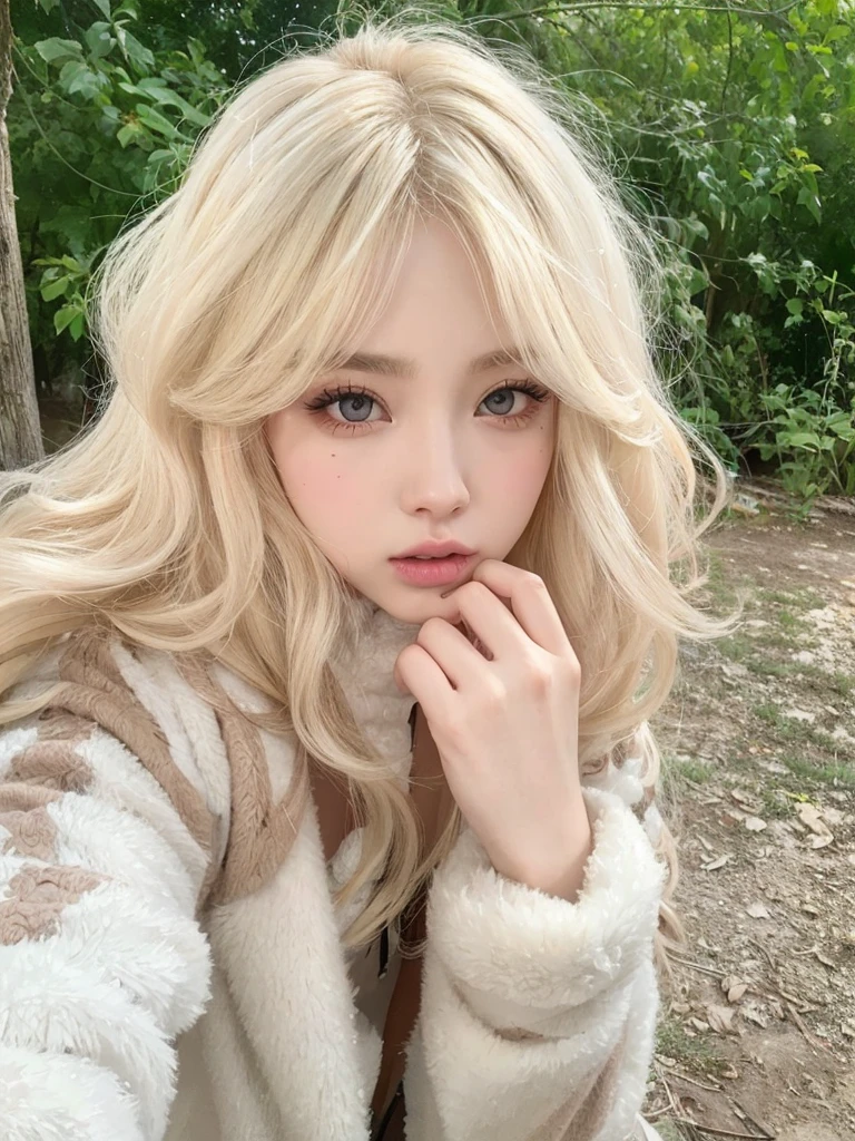 Blonde woman with long hair holding a white cell phone., retrato de kim petras, maquillaje popular de corea del sur, Retrato de Jossi de Blackpink, Parque Roseanne de Blackpink, ulzzang, maquillaje coreano popular, cruel korean gothic girl, ava max, con el pelo largo y blanco, inspirado en Yanjun Cheng, bella delfina, kim taejin