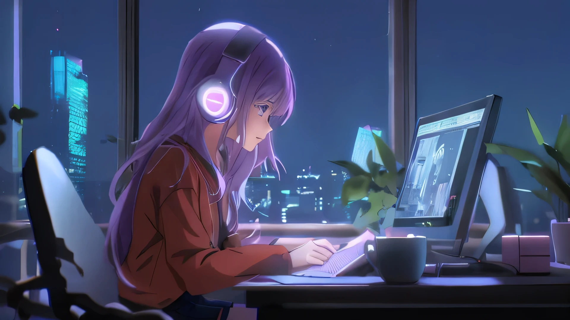 Anime girl sitting at a desk writing with headphones on, lo-fi girl, Lofi Artstyle, Anime atmosphere, lo-fi girl aesthetic, Lofi Art, Nightcore, Portrait of Roffey, Anime Aesthetics, Lo-fi feeling, Anime lovers, Digital anime illustration, Anime Style 4K, Lo-fi art, listening to music at 2 am, Anime Images