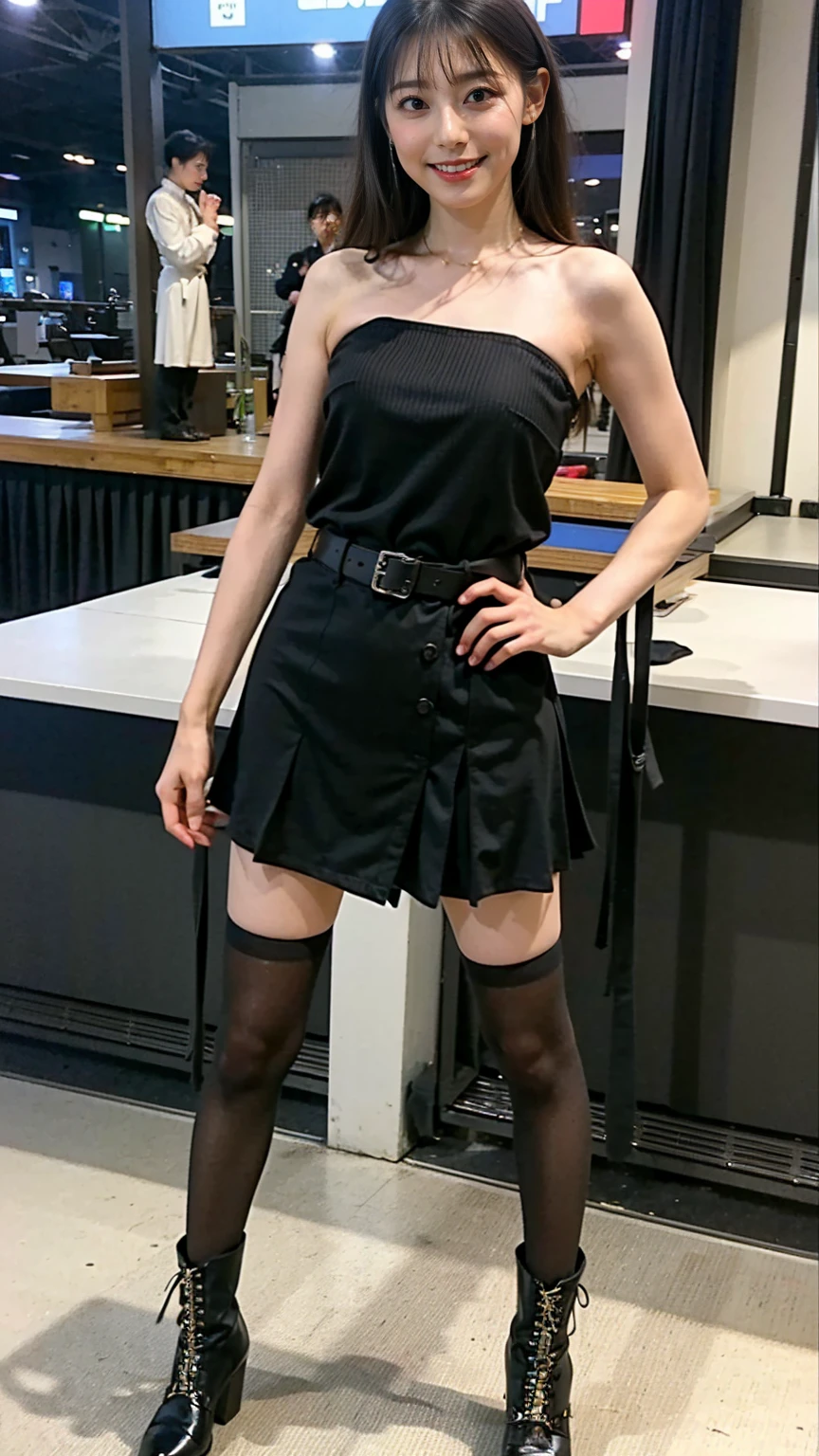 (8K、RAW Photos、Highest quality、masterpiece:1.2)、(Highest quality、Realistic)、1 Girl、((レザーガーターbelt、Tube top、Arm Covers、Ninja costume、mini skirt、black、tights、Belly button、Gloves、belt、ribbon、See-through、Thin legs、whole body、boots、Spotlight、stage、boots、View from the front、Looking into the camera、Stand with hands on hips))、