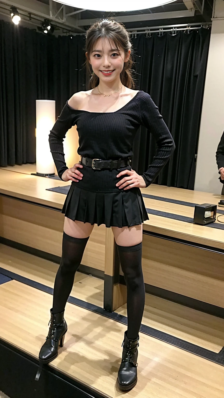 (8K、RAW Photos、Highest quality、masterpiece:1.2)、(Highest quality、Realistic)、1 Girl、((レザーガーターbelt、Tube top、Arm Covers、Ninja costume、mini skirt、black、tights、Belly button、Gloves、belt、ribbon、See-through、Thin legs、whole body、boots、Spotlight、stage、boots、View from the front、Looking into the camera、Stand with hands on hips))、