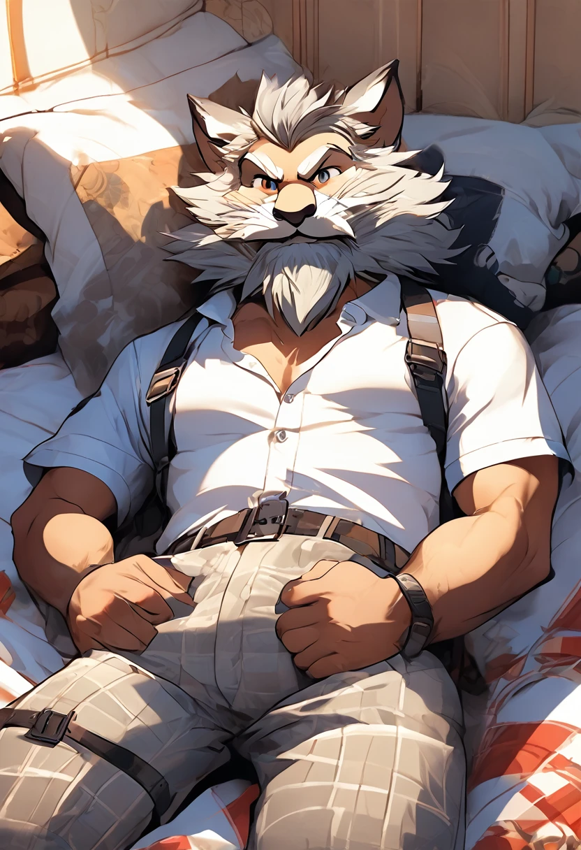 leon, gray beard, gray mustache on the nose, DILF, seductive, looking at the viewer, SMILE, loose boxers with white and blue checks , White shirt, shirt with harness, (posing) masculine, Alone, Anthro, gordo, Large size, Thick, cell shading, in bed lying down, whole body, From above, con la mano izquierda agarrando un preservativo masculine, with right hand touching the package, furry art
