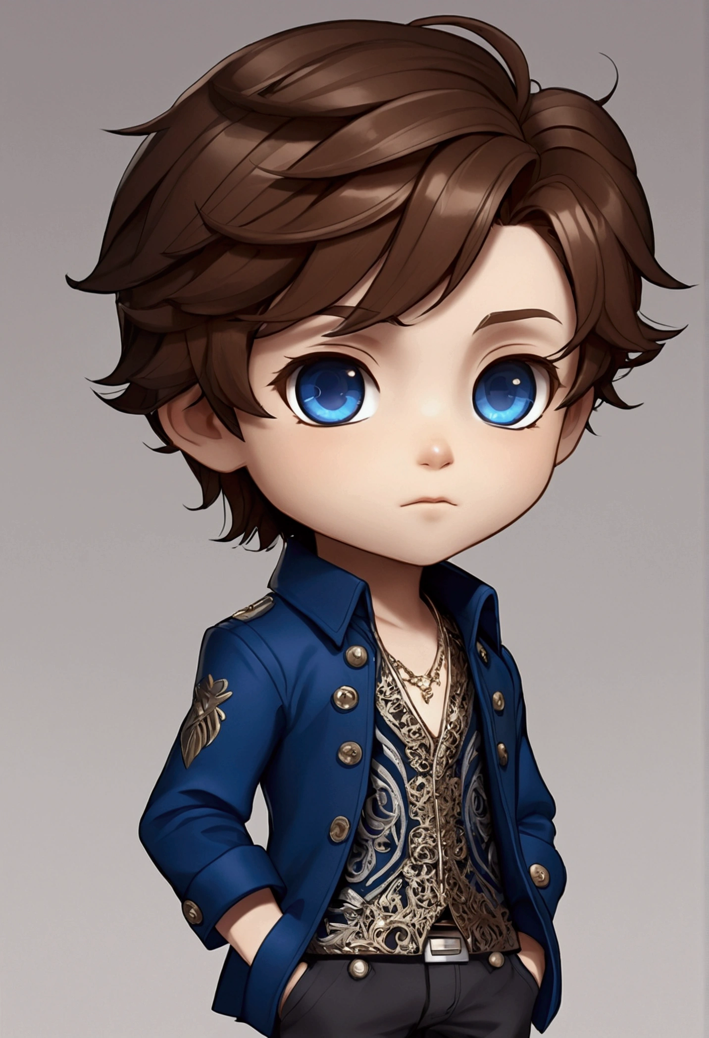 hq-style, MAKE A MALE CHIBI CHARACTER ,just the face, brownhair, blue colored eyes, stylish clothes, haughty
