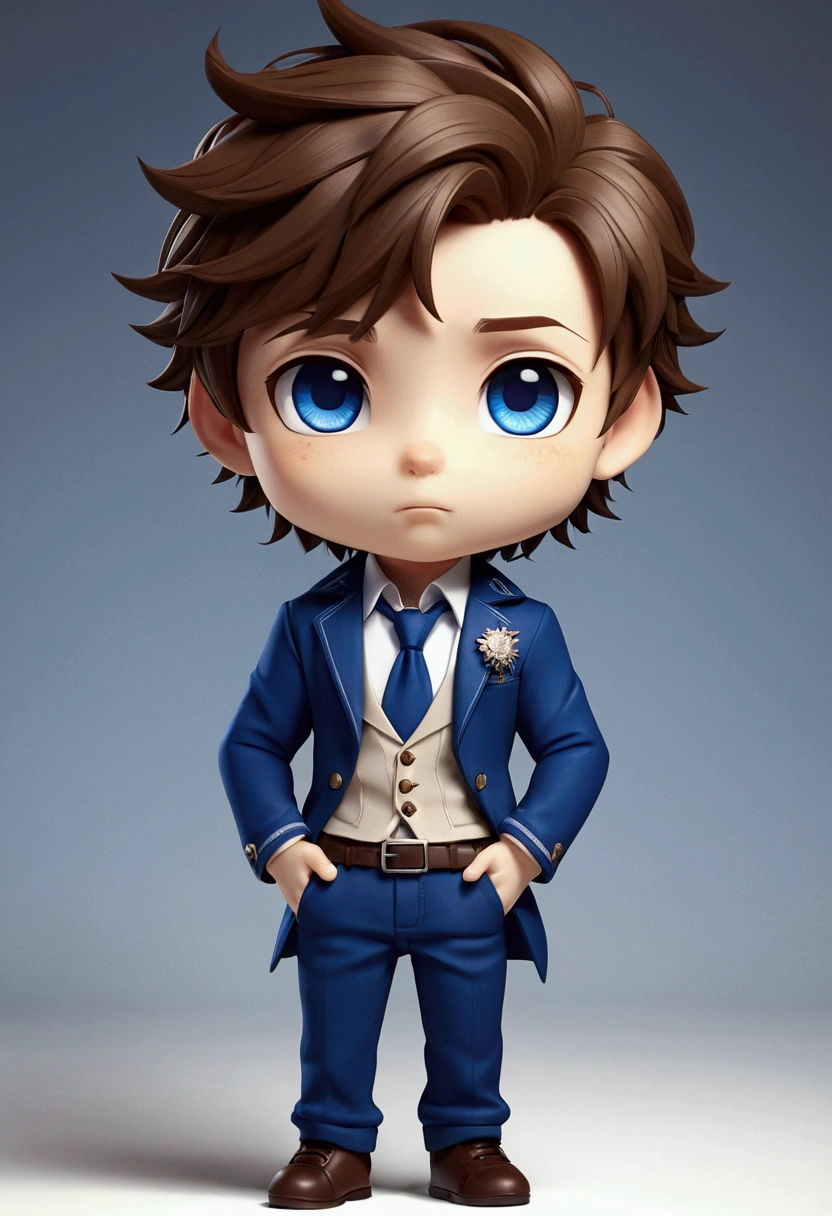 hq-style, MAKE A MALE CHIBI CHARACTER ,just the face, brownhair, blue colored eyes, stylish clothes, haughty
