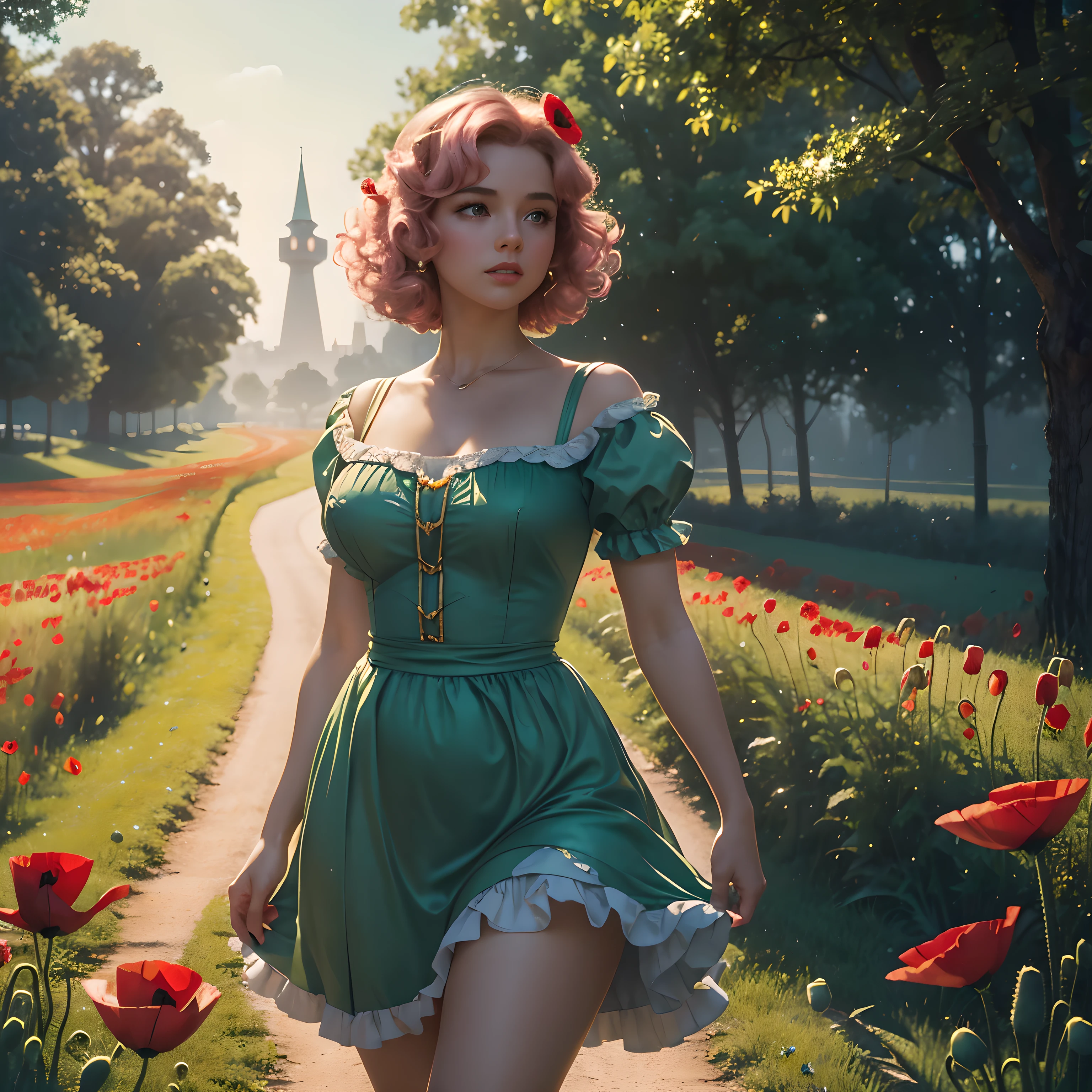 Highly detailed, ultra realistic, 8k, HDR, award-winning, masterpiece, photorealistic. Digital painting in the style of Gil Elvgren. Magical golden lighting, as in a fairy tale film. Depth of field. ((Dorothy Gale)), slim, 21-year-old with (short wavy pink hair) on a winding yellow brick road, (((low-angle view))), rule of thirds composition.
Form-fitting 1950s style (revealing dress) in light blue: (Deep square neckline) accentuating her (ample bosom). Short puffed sleeves, slightly gathered at the shoulders. (Tight bodice) with small buttons in front, the top ones straining to stay closed. The waist is cinched, emphasizing her figure. (((ultra-short))) layered skirt barely covers her (shapely bottom), showcasing her hips. White socks and red shoes, (((hips focus))).
((Giant red poppies)) with tree-thick stems tower overhead, interspersed with large yellow sunflowers. The winding yellow brick road curves above, individual bricks visible, leading to a glittering Emerald City on the horizon.
Background seamlessly blends fantasy elements with hyper-realistic textures. Swirling glitter and magical sparkles float in the air. ((Vintage cinematic style inspired by the classic Wizard of Oz movie)). Volumetric fog, golden hour.