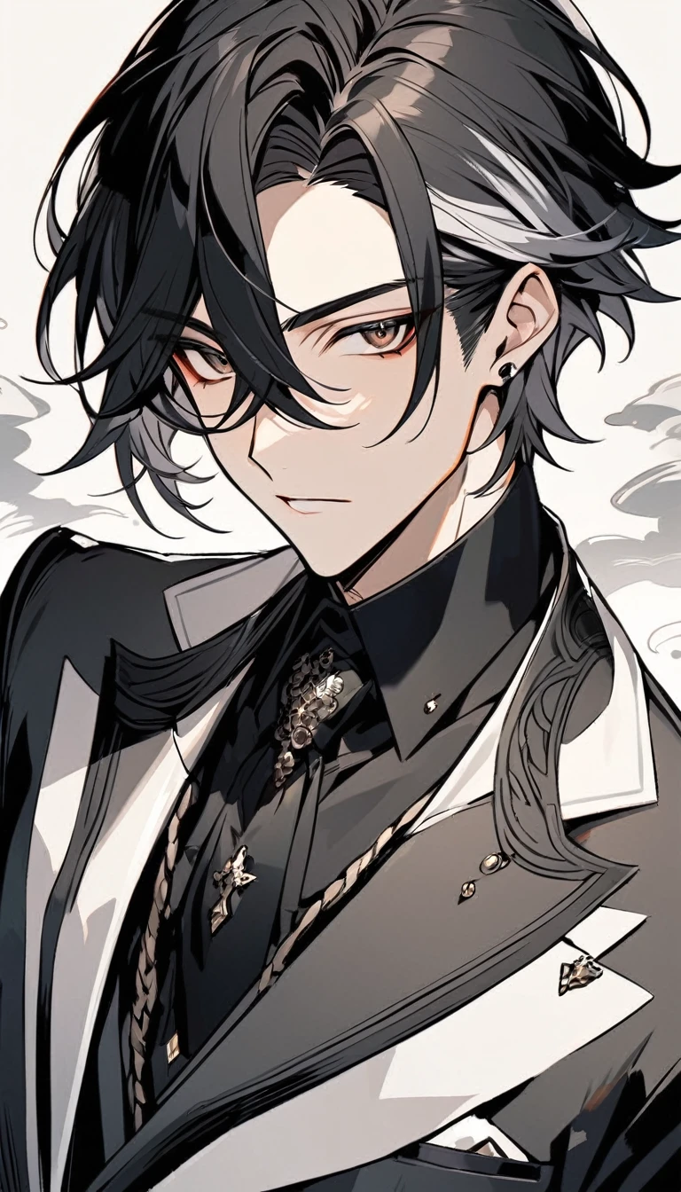 Handsome, solo, 1 male, short hair, black hair with smoke gray hair tips, brown eyes, black shirt, black and white suit
