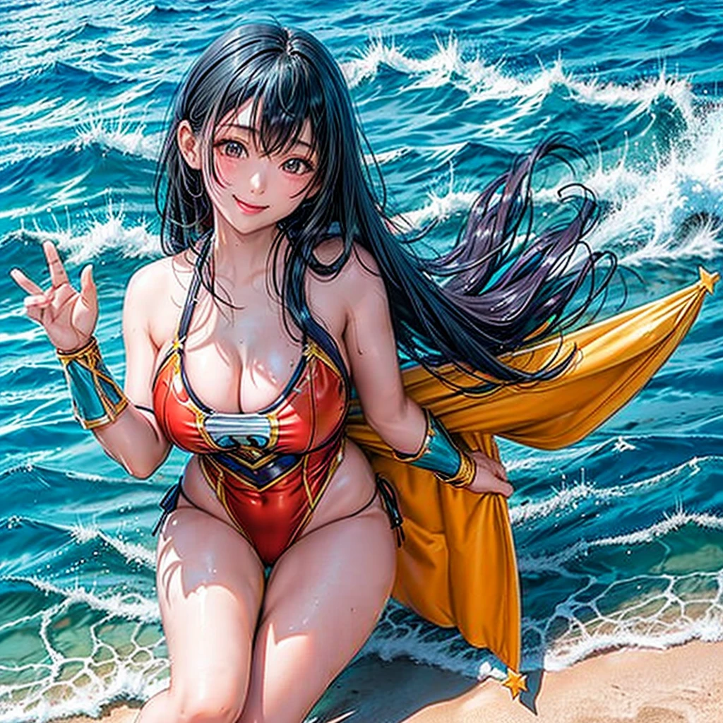 full body view of a Taiwanese girl, 20 years old, very beautiful, beautiful face, plump posture, long black hair, wearing a wonder woman beach costume swimsuit, standing hugging on the beach and smiling, with a young Indonesian man