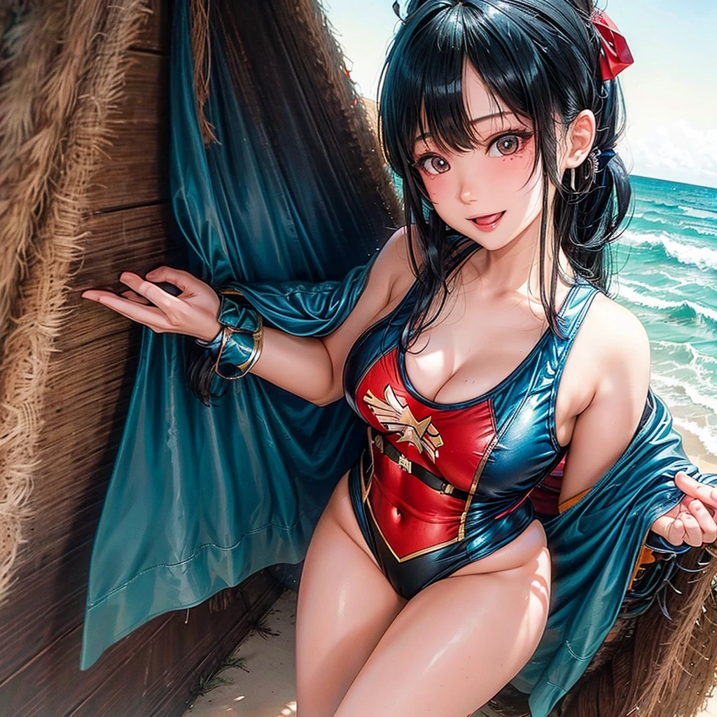 full body view of a Taiwanese girl, 20 years old, very beautiful, beautiful face, plump posture, long black hair, wearing a wonder woman beach costume swimsuit, standing hugging on the beach and smiling, with a young Indonesian man