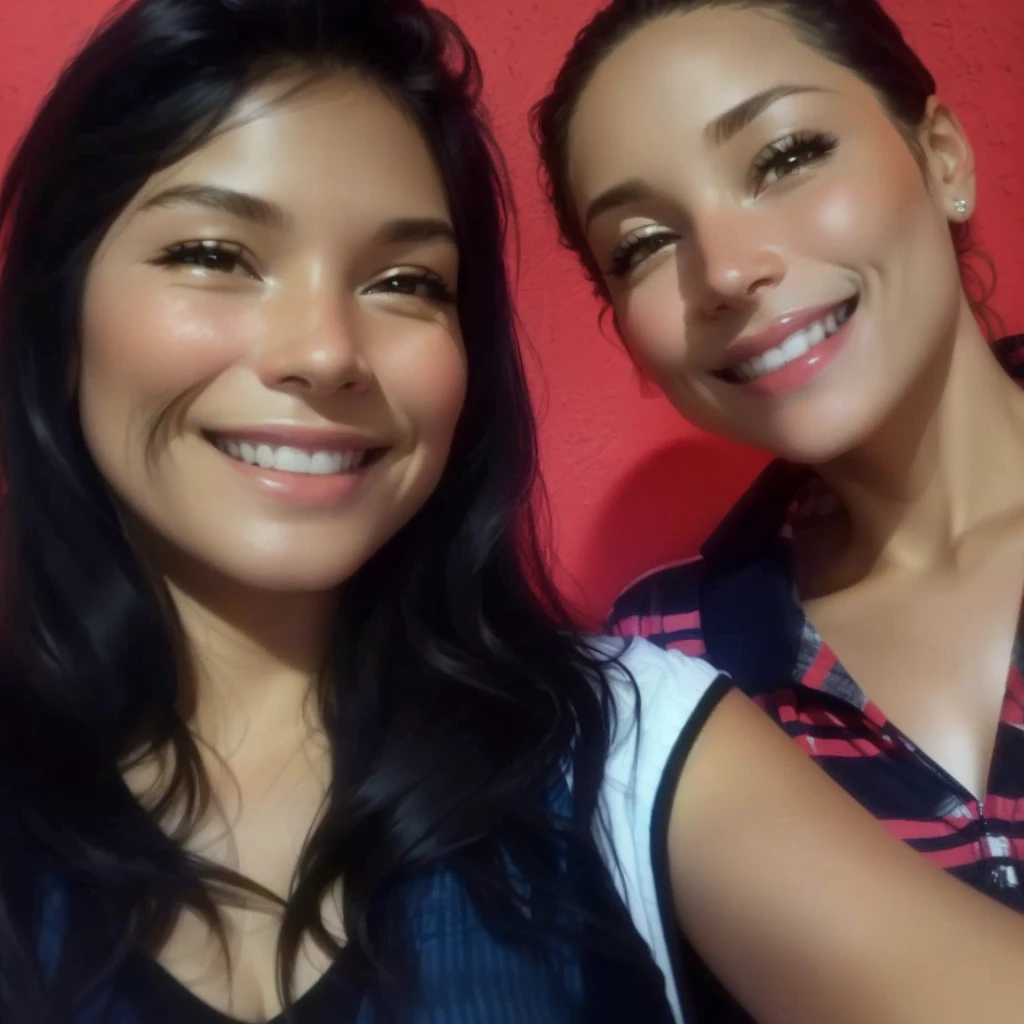 A mother and daughter taking a selfie with a smile against the backdrop of a red wall