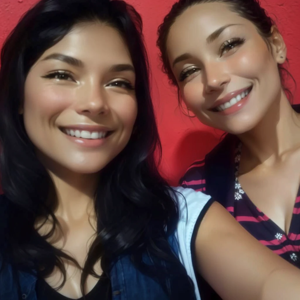 A mother and daughter taking a selfie with a smile against the backdrop of a red wall