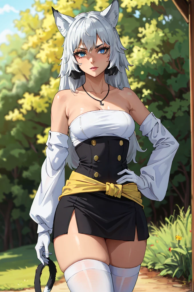 (masterpiece, best quality, ultra detailed, absurdres:1.5), 1girl, (sexy, beautiful woman, perfect face, perfect eyes, perfect female body, medium breasts:1.5), (white shirt, long hair, gray hair, cat ears, necklace, yellow waist cape, detached sleeves, black miniskirt, (white thighhighs:1.3), cat tail, black gloves, ), (standing, outdoors, forest), perfect lighting, smooth, hdr