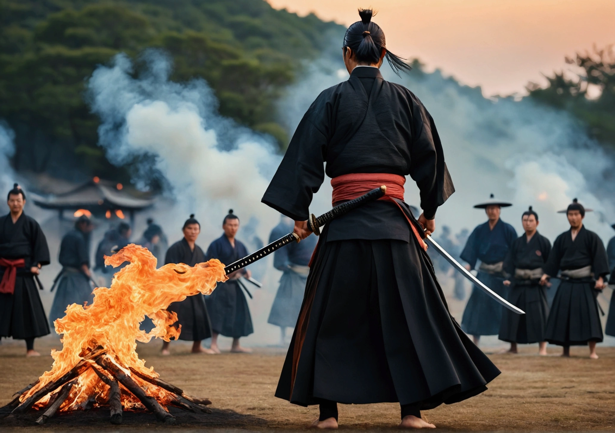 Samurai with a sword,Landscape, Realistic effect of wearing black hakama, The people are watching,Blur the background, 8K, Burning Fire,
