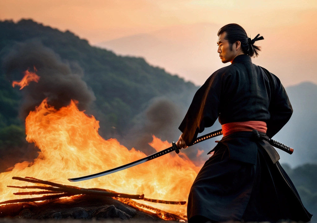Samurai with a sword,Landscape, Realistic effect of wearing black hakama, The people are watching,Blur the background, 8K, Burning Fire,