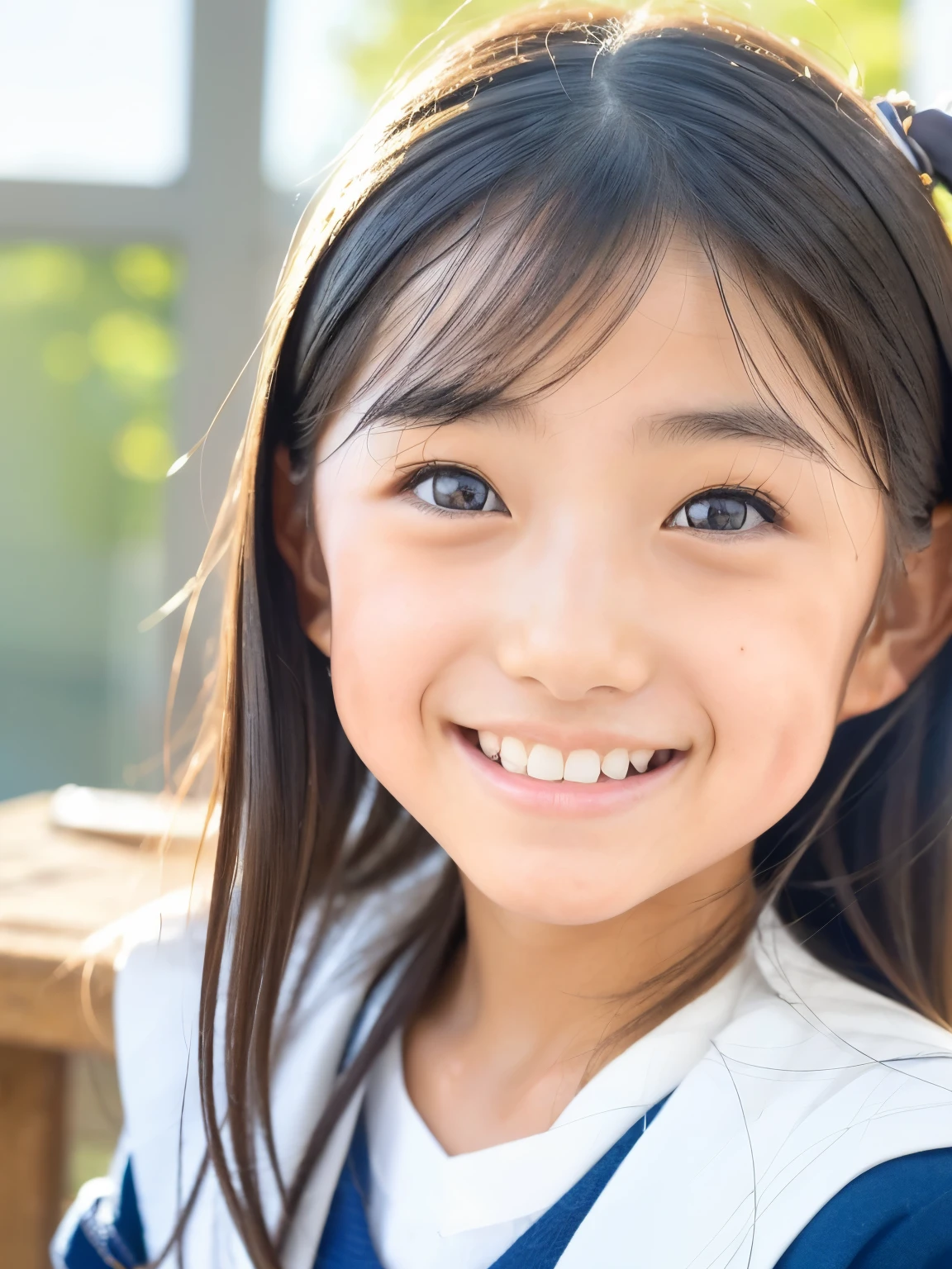 lens: 135mm f1.8, (Highest quality),(RAW Photos), (Tabletop:1.1), (Beautiful 9 year old Japanese girl), Cute face, (Deeply chiseled face:0.7), (freckles:0.4), dappled sunlight, Dramatic lighting, (Japanese School Uniform), (In the classroom), shy, (Close-up shot:1.2), (smile), (sunlight)