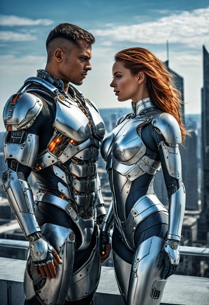 Sexual relationship between a male cyborg and a female cyborg on the roof of a skyscraper, high quality, best quality, absurdres, masterpiece, beautiful, intricate details, 1/2 body crop, slim body, beautiful figure, magnificent anatomy, (intricate details:1.12), HDR, (intricate details, hyper-detailing:1.15), (natural skin textures, hyper realisitc, soft light, Sharp:1.2)