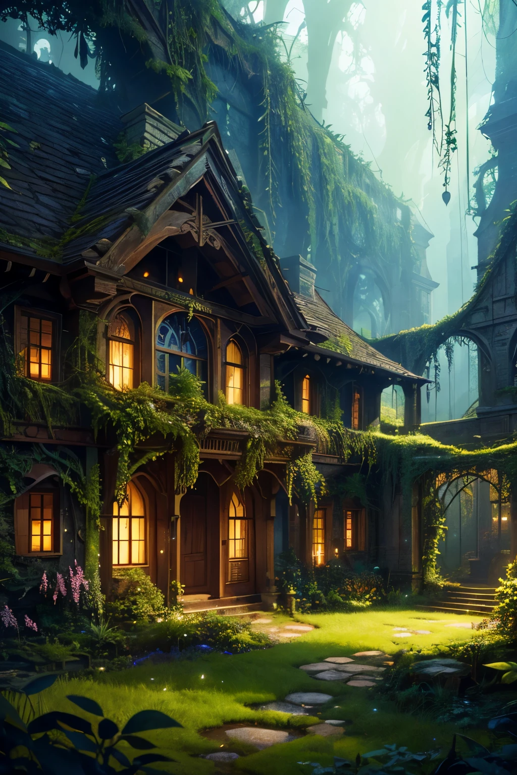 a lush, overgrown garden, vines and foliage in disarray, vibrant colors, mystical enchanted atmosphere, detailed fantasy landscape, highly detailed, photorealistic, 8k, masterpiece, dramatic lighting, moody tones, rich textures