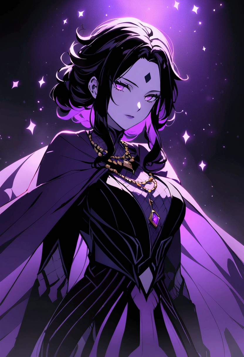 A female character named Gamora, anti-villain with mystical powers. She has long, wavy black hair, bright purple eyes, and pale skin with an ethereal purple aura. Gamora wears elegant, dark clothing with arcane patterns in shades of purple, including a cloak that moves like shadows. She wears a necklace with an obsidian amulet. Gamora is in a confident and mysterious pose, surrounded by shadows that appear vivid with a purple hue