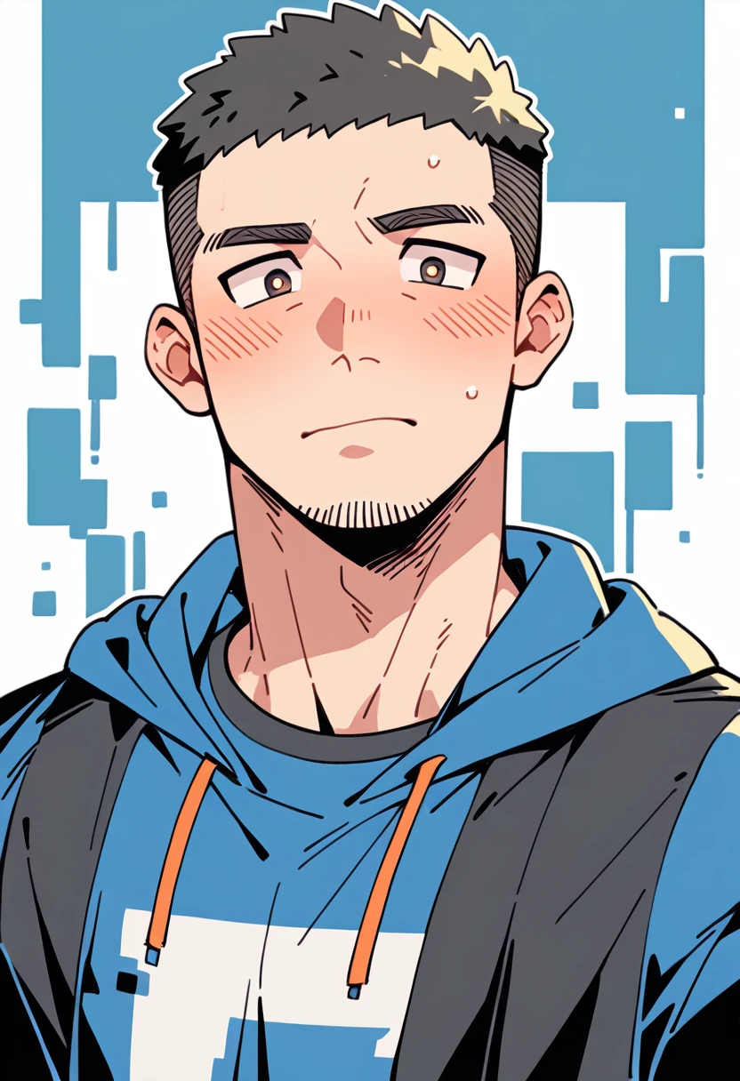 anime characters:Priapus, Muscle Sports Student, Buzz Cut, Manliness, male focus, Sports tight hooded sweatshirt, Very tight, He stuffed a pair of white underwear in his mouth, full and perky chest muscles, muscular male, muscular, only, Upper body, alone, Black short hair, Thick eyebrows, stubble, Brown-red pupils, White background, simple background, amazing quality, best aesthetics, Ridiculous, crew cut, blush, A pair of white panties was stuffed in her mouth, embarrassed, shy, endured face, negative space, best quality