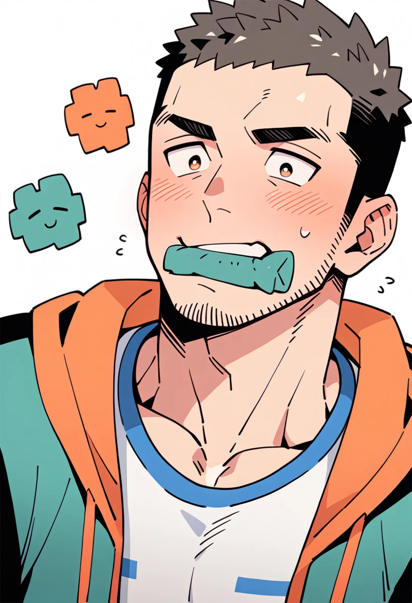 anime characters：Priapus, Muscle Sports Student, Buzz Cut, Manliness, male focus, Sports tight hooded sweatshirt, Very tight, He stuffed a pair of white underwear in his mouth, full and perky chest muscles, muscular male, muscular, only, Upper body, alone, Black short hair, Thick eyebrows, stubble, Brown-red pupils, White background, simple background, amazing quality, best aesthetics, Ridiculous, crew cut, blush, A pair of white panties was stuffed in her mouth, embarrassed, shy, endured face, negative space, best quality