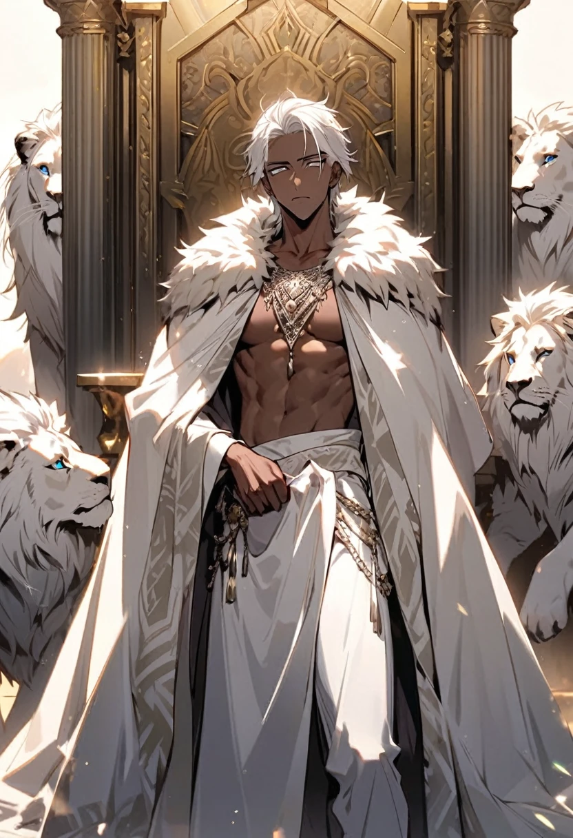 Handsome, solo, 1 male, African man, short wild white hair, silver eyes, no shirt, dressing white lion cloak, standing looking for a empty throne,