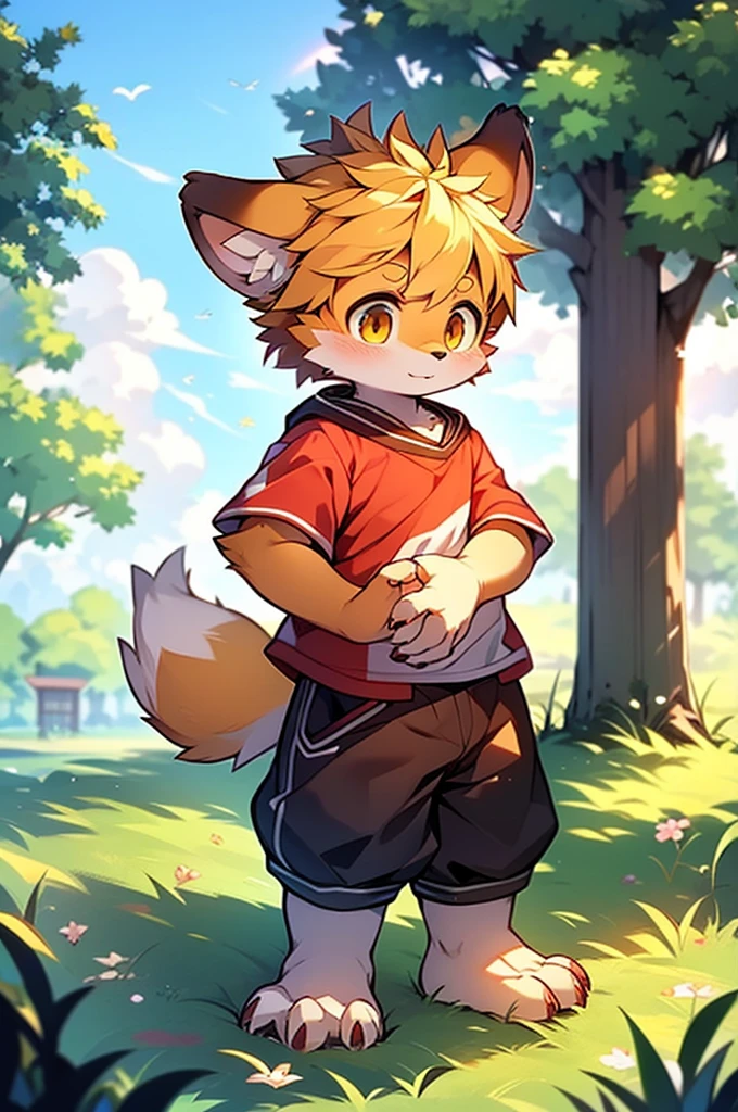 shaggy,shaggy,Golden fur,Golden fur,Golden fur,Golden fur,Golden hair,male people,canid,adolable,The little fox,The little fox,The little fox,adolable,solo person,sharp talons,Detailed fur,Golden eyes,Thick eyebrows,Fluffy tail,red short sleeves,short white pants,ultra - detailed:1.0,Libido boy,toddlers,children,children's,Gamine,Beast too,adolable,adolable,Shota(Via Dagasi:1.1),anatomy correct,Barefoot,Red Claw,Bare claws,Barefoot paws,Barefoot paws,standing on your feet,attention,bald-headed,Animal foot paws,lawns,grassy fields,On the lawn,on a grassy field,Tread on the grass,Trampling on small grass,Tread on the grass,Trampling the meadow,Tread on the lawn,Trampling the lawn,bald-headed,balding,balding,:tall stature,
