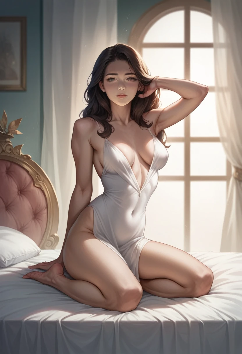 a beautiful detailed portrait of a 35 year old chinese woman on a hotel bed, sensual intimate pose, photorealistic, 8k, high quality, cinematic lighting, warm color tones, masterpiece