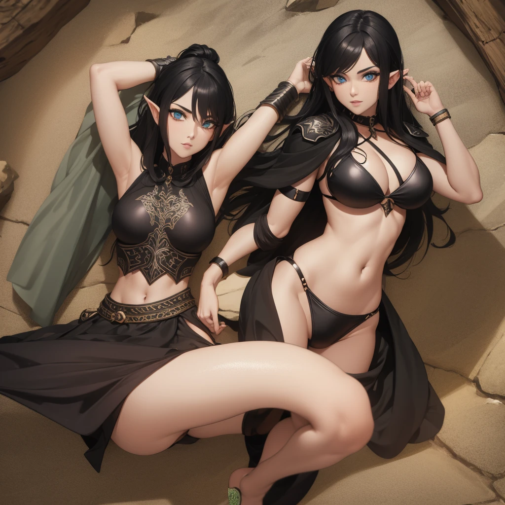 A beautiful elf warrior with black hair, wearing an armor bikini