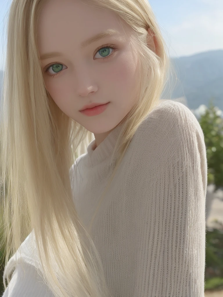 A beautiful 16-year-old blonde woman with green eyes 