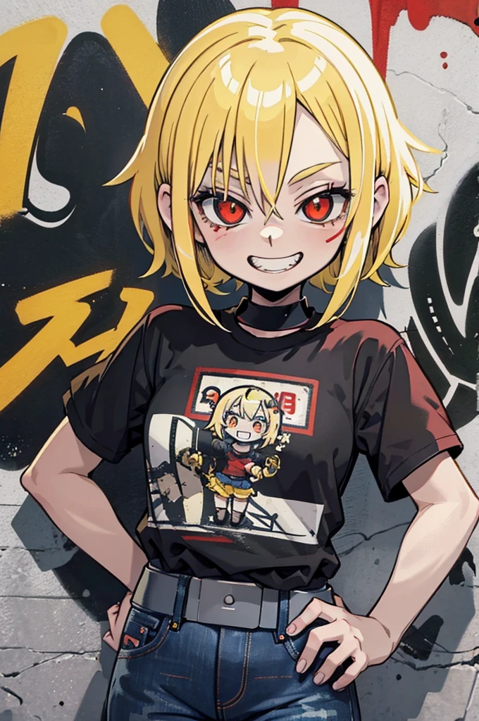 Anime girl, Short blonde hair with red highlights, Pointed teeth, macabre smile, black shirt with print, Jeans, personalized machine gun, white wall, Graffiti, Yellow and red green paint.
