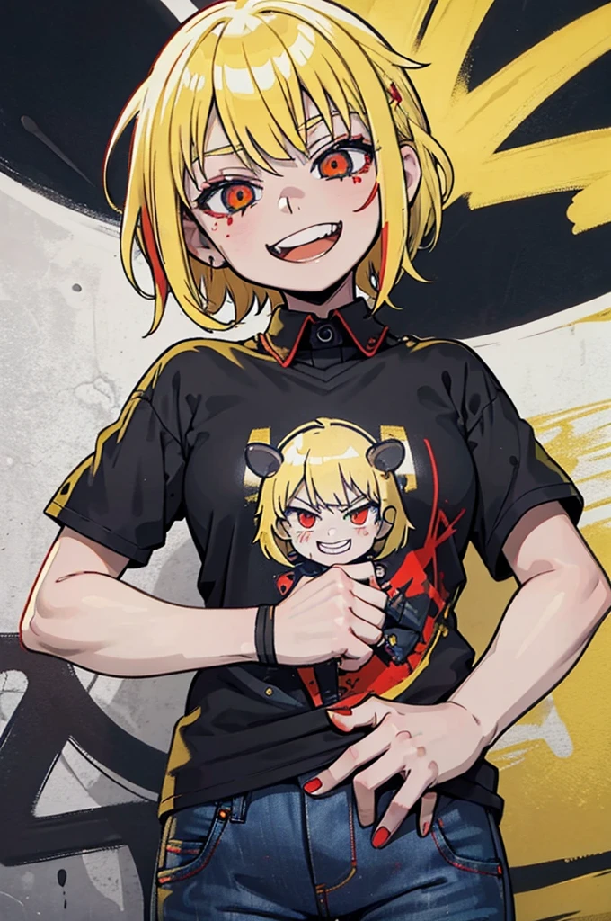 Anime girl, Short blonde hair with red highlights, Pointed teeth, macabre smile, black shirt with print, Jeans, personalized machine gun, white wall, Graffiti, Yellow and red green paint.