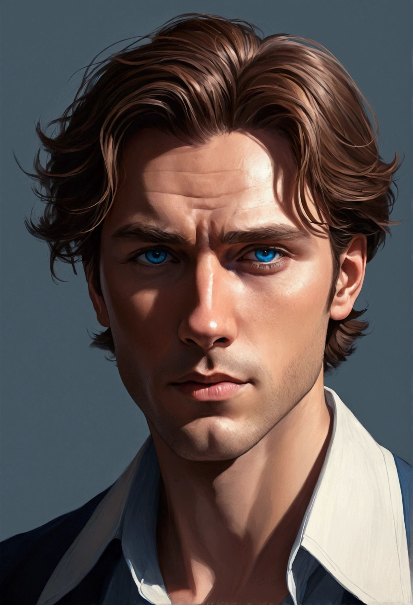 drawing style, Make a Man Character ,just the face, brownhair, blue colored eyes, stylish clothes, haughty