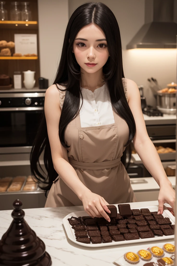 Woman with long black hair brunette confectioner with name cocoa sweets