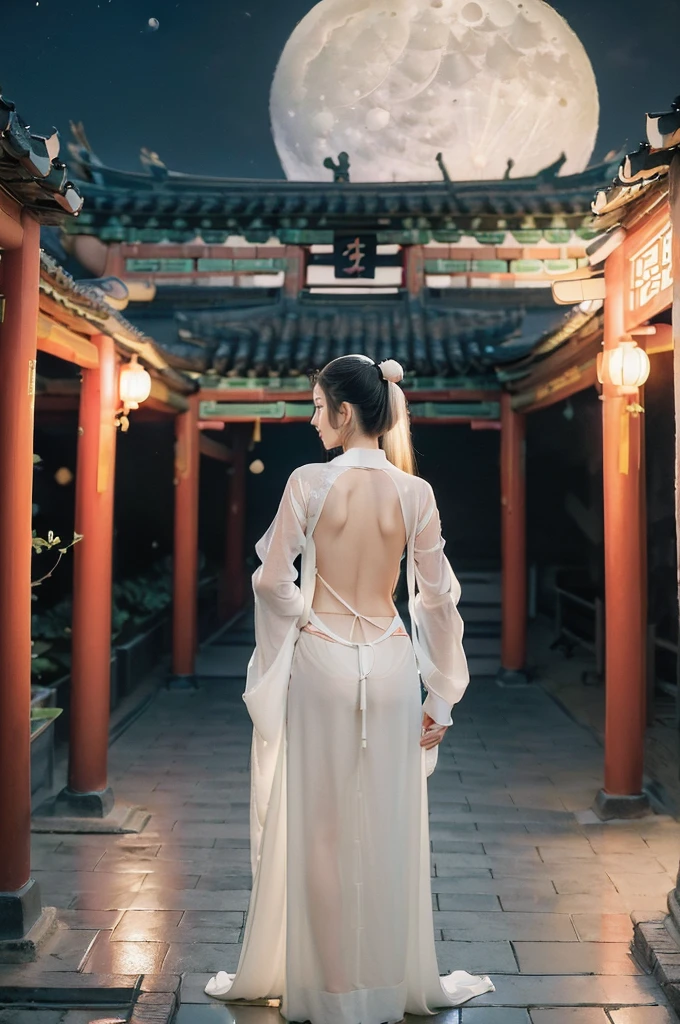 (((best quality))),(((ultra detailed))),(((masterpiece))),illustration,((1 beautiful girl,solo)),(short ponytail:1.2),((bright eyes,gentle smile)),((slim,thin)),((bare back,towering hips,butt crack)),(white see through sheer Hanfu:1.3),flowing fabric,serene demeanor,vibrant plants and trees,(Chinese-style architecture:1.3),tile roofs,intricate wooden carvings,rich and vivid colors,(serene glow of the moon:1.5),(((colorful clouds))),traditional Chinese garment,(((summer night,village courtyard))),((standing)),((from back,upper body))