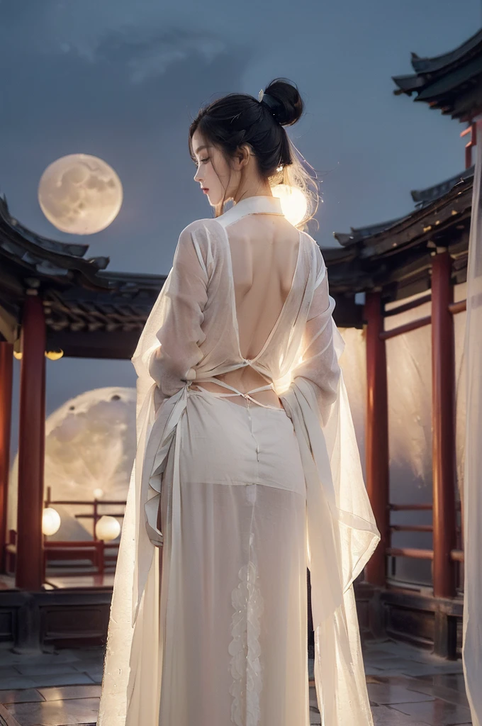 (((best quality))),(((ultra detailed))),(((masterpiece))),illustration,((1 beautiful girl,solo)),(short ponytail:1.2),((bright eyes,gentle smile)),((slim,thin)),((bare back,towering hips,butt crack)),(white see through sheer Hanfu:1.3),flowing fabric,serene demeanor,vibrant plants and trees,(Chinese-style architecture:1.3),tile roofs,intricate wooden carvings,rich and vivid colors,(serene glow of the moon:1.5),(((colorful clouds))),traditional Chinese garment,(((summer night,village courtyard))),((standing)),((from back,upper body))
