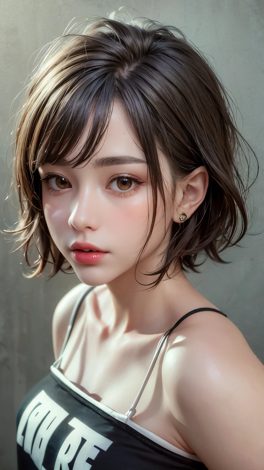Masterpiece hyperrealist & Photorealistic beautiful girl, Realistic Skin (Pore-filled skin) Short Bob Cut Hair, Realistic red lips,Punk Girl, (head shot:1.5),Shorts