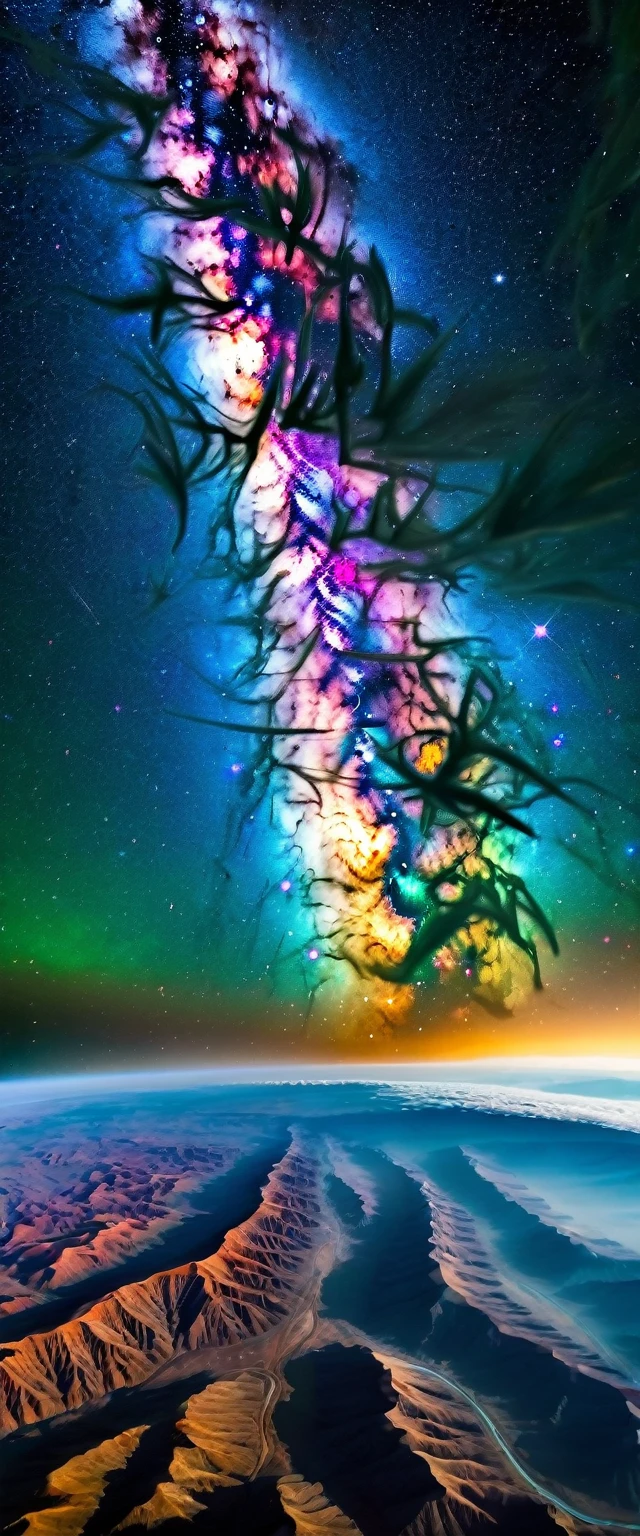 (Highest quality),(masterpiece:1.2),(Very detailed:1.2),Ultra-high resolution,RAW color photos,8K,Vast landscape photography,Realistic photos,Elaborate photos,Shot from the spaceship window,Written boundary depth,Sharp focus,Milky Way,Vast Universe,Beautiful colors,Written boundary depth,Wide Light,Low contrast,Backlight,Sharp focus,Vibrant colors,moving composition