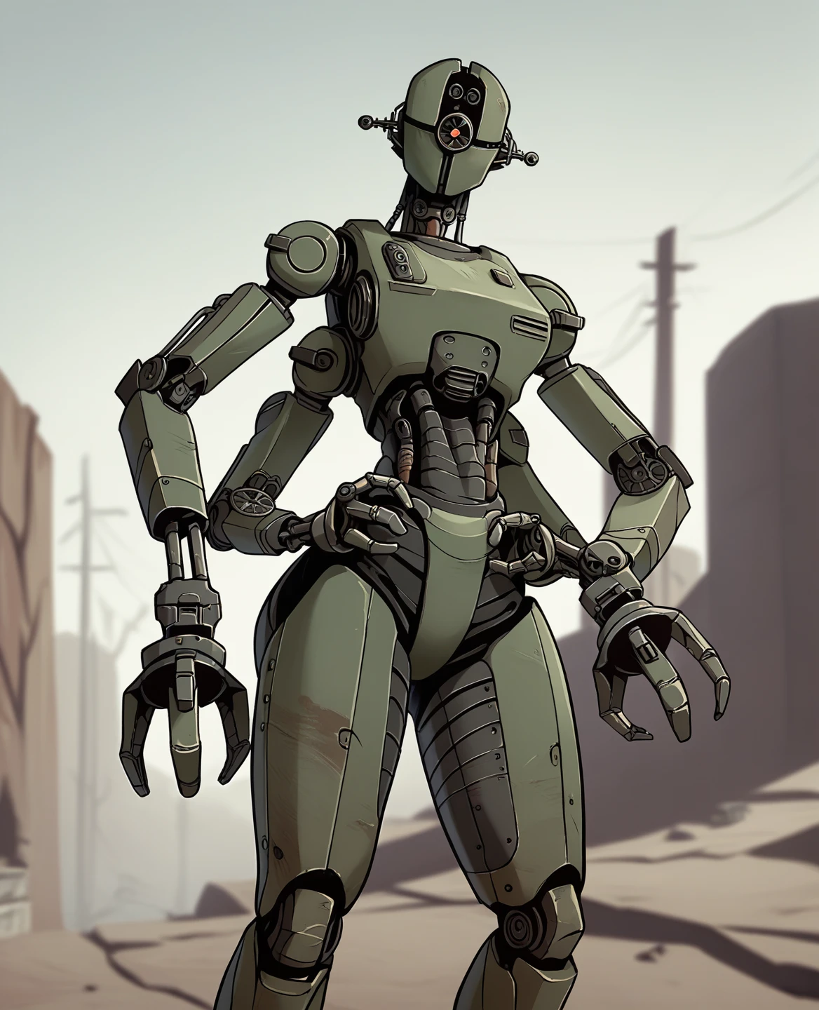 score_9, score_8_up, score_7_up, score_6_up, score_5_up, source_furry, assaultron, fallout, 1girl, solo, breasts, looking at viewer, robot, humanoid robot, robot joints, one-eyed, joints, no humans, green skin, mechanical arms, crotch plate, science fiction, post-apocalypse, outside, robotic hand, 3 fingers, An enclave assaultron with 6 arms, masterpiece, best quality, assaultron, black armor, armor, extra arms