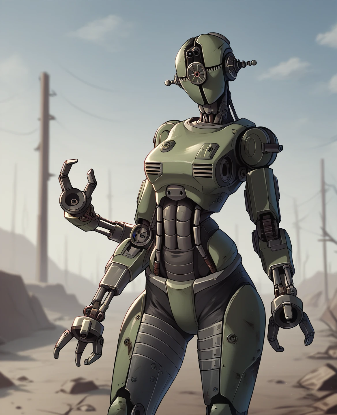 score_9, score_8_up, score_7_up, score_6_up, score_5_up, source_furry, assaultron, fallout, 1girl, solo, breasts, looking at viewer, robot, humanoid robot, robot joints, one-eyed, joints, no humans, green skin, mechanical arms, crotch plate, science fiction, post-apocalypse, outside, robotic hand, 3 fingers, An enclave assaultron with 6 arms, masterpiece, best quality, assaultron, black armor, armor, extra arms