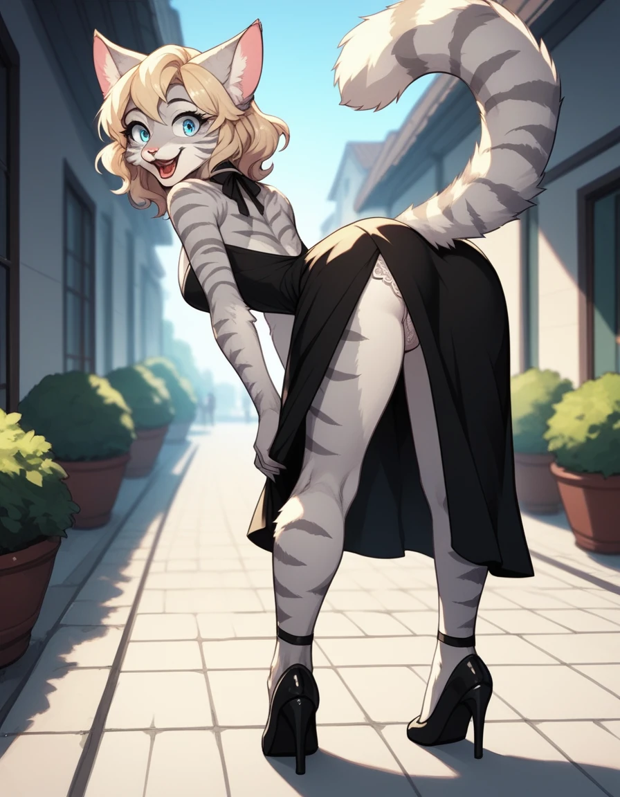 score_9,score_8_up,score_7_up, kemono style, Kat, Anthro furry feline, silver fur, grey stripes on body, blue eyes, short wavy blonde hair, hair styled like Marylin Monroe, pink nose, :3, white cock tail dress, red lipstick, white halter dress, black heels, seductive pose, in a 1940s city, rear view, she is bent over, black lacy underwear, standing over a vent, the airflow from vent is blowing her dress up, shocked expression, smiling, laughing, trying to keep her dress down with hands, on a sidewalk