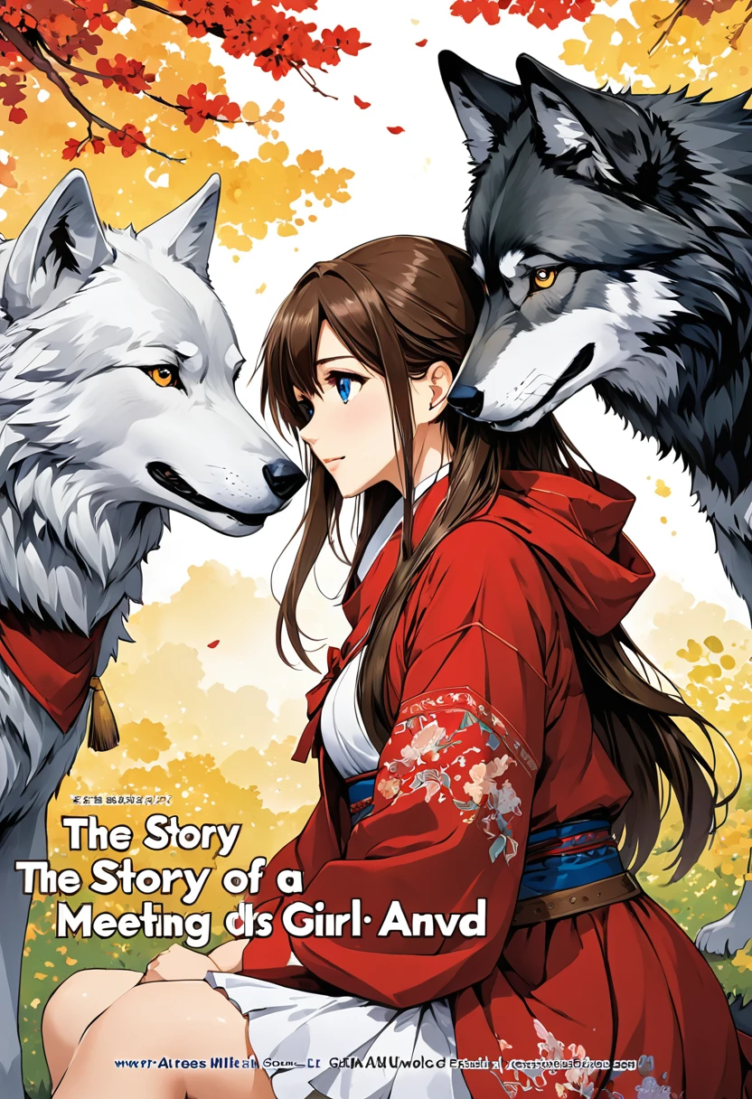 High-quality illustrations, doujinshi cover_page, highres, absurdres, The story of the meeting of a girl and a wolf,