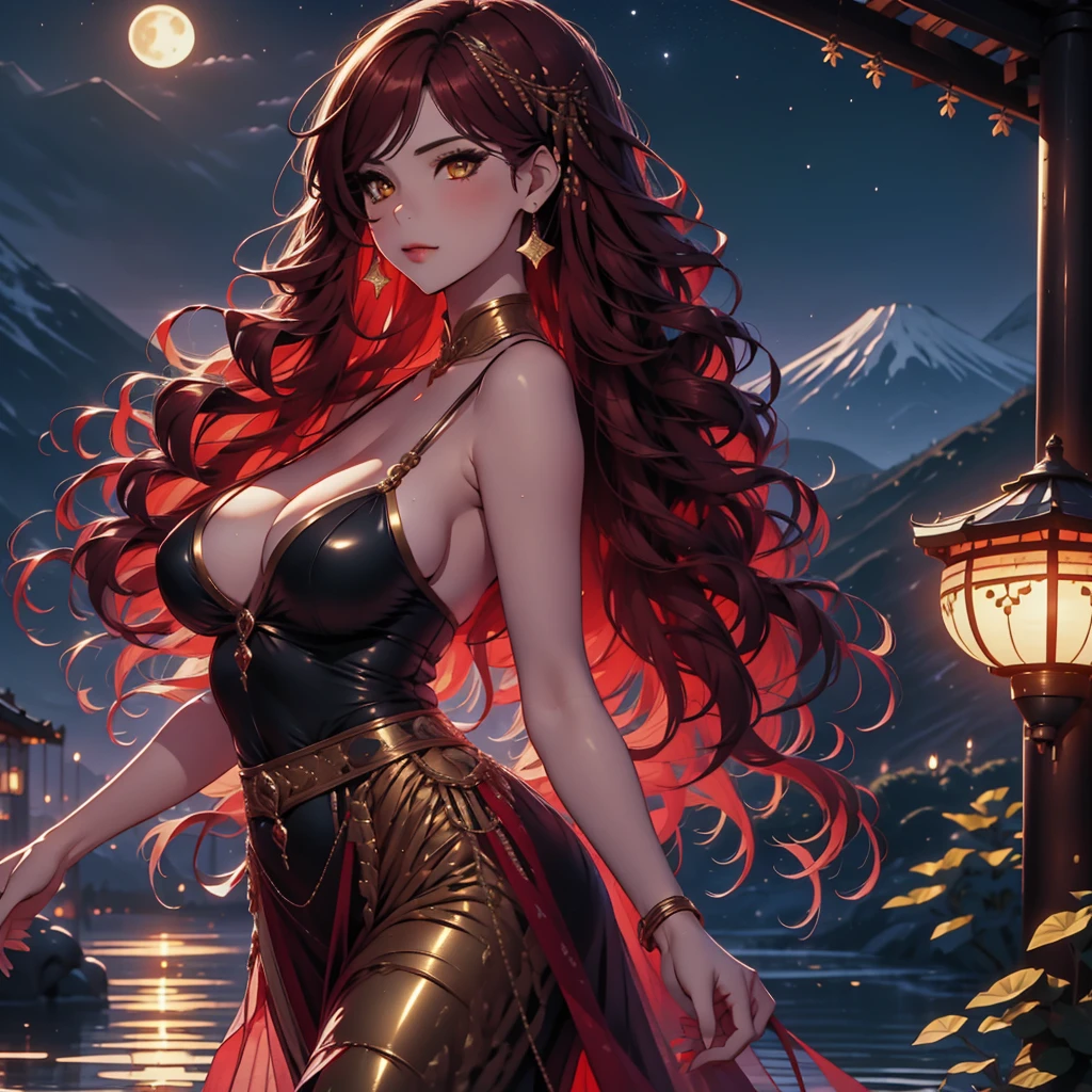 beautiful, marika, queen marika, black dress, low cleavage, wavy red hair, golden eyes, chest, one piece dress, sexy, sensual, starry sky, mountains in the background, night, night, dark night, volcano, seductive, alone, solo , solo girl, 1 girl, Full moon,
