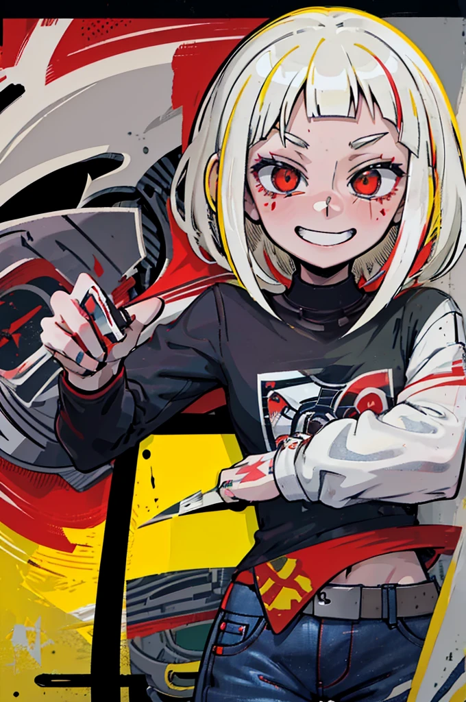 Anime girl, Short blonde hair with red highlights, Pointed teeth, macabre smile, black shirt with print, Jeans, personalized machine gun, white wall, Graffiti, Yellow and red green paint.