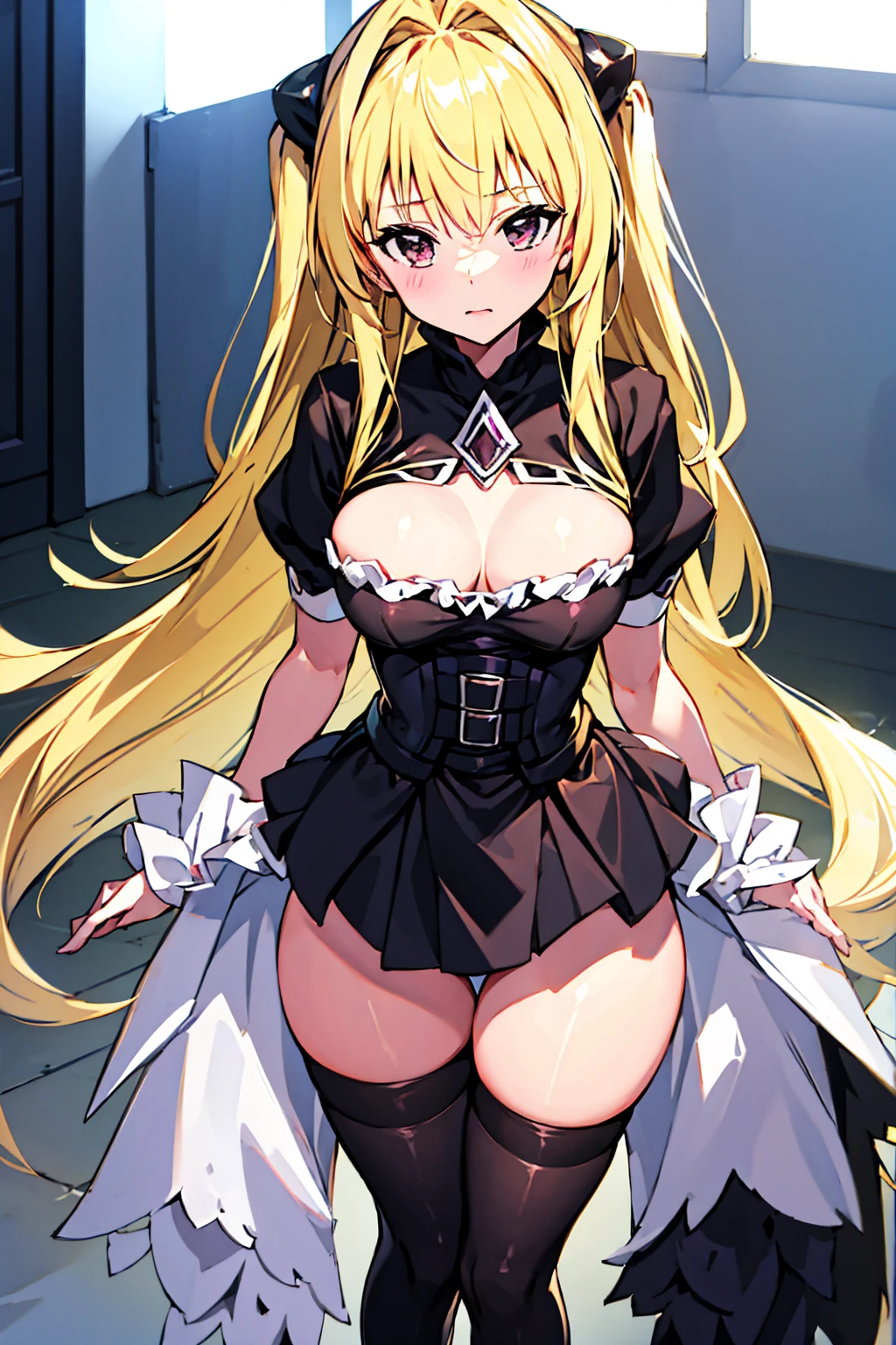 Large Breasts tights Maid clothes Thighs++ Blonde Tight fitting clothes Skeleton Strong sunlight high resolution Dirty lure NSFW