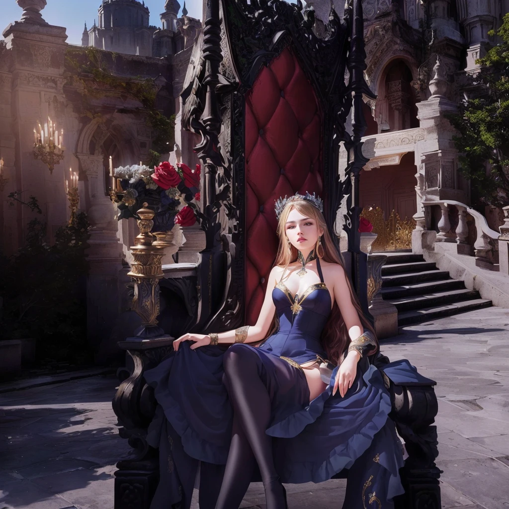 there is a woman sitting in a throne in a dress, sitting in the throne de obsidiana, Lying on a throne in a fantasy land, sitting in the throne intrincado, sitting in a throne ornamentado, sitting on her throne, perched on intricate throne, sitting in a throne dourado, sitting in a throne, on her throne, sitting in the throne de porcelana, sitting in the throne