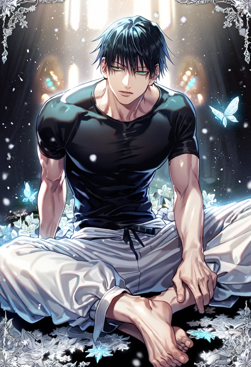 absurd resolution, high resolution, ultra detailed, detailed eyes, extremely detailed, HDR, 8K, delicated features, Fushiguro Touji, straight black hair, expressive green eyes, Jujutsu Kaisen, sexy man sitting, solo, handsome, black tight T-shirt, white baggy pants, fantasy, magical, ice butterflies, snowing, snowflakes, ice lilies