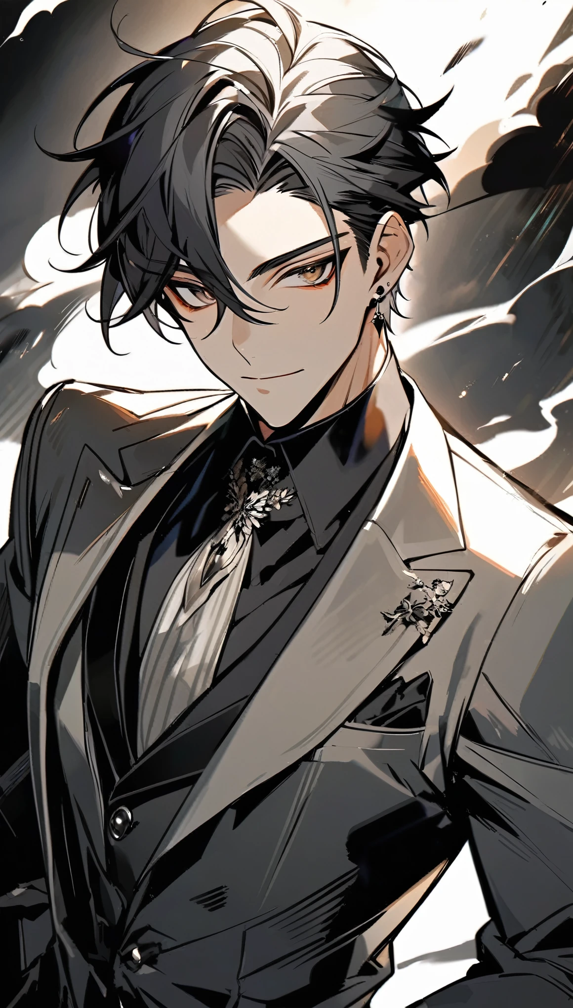 Handsome, solo, 1 male, short hair, black hair with smoke gray hair tips, brown eyes, black shirt, black and white suit