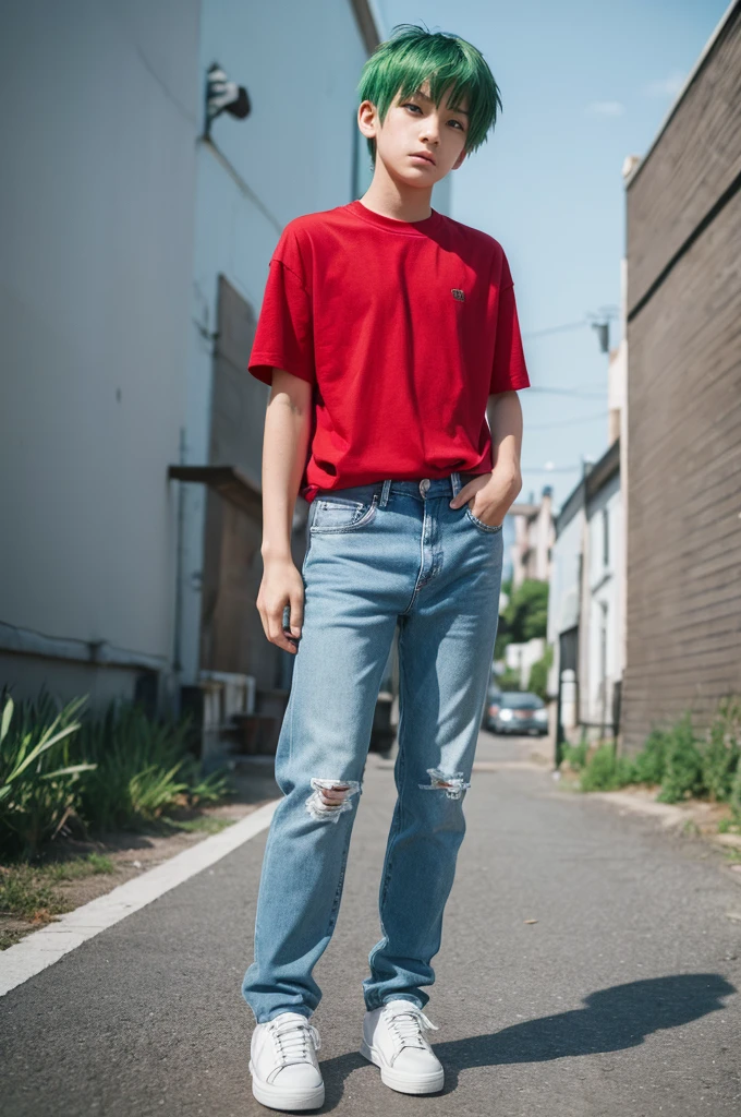 (1boy:1.3), green-hair,BREAK,red t-shirt,BREAK, jeans, white sneaker, UHD, retina, textured skin, highres