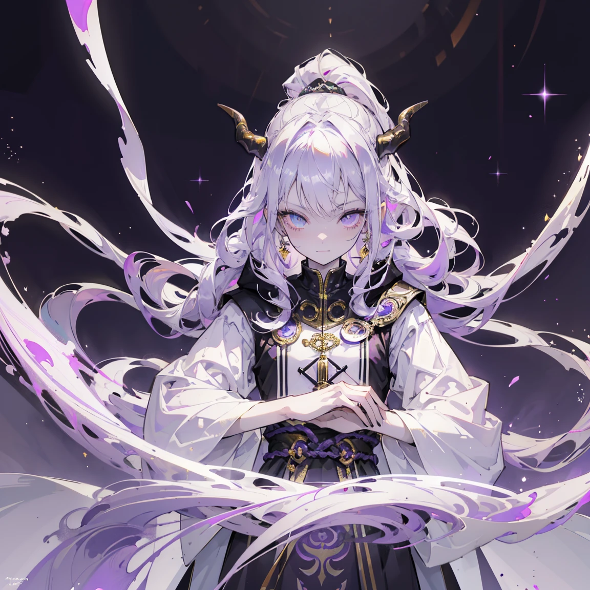 cheerful boy aristocrat open forehead. dark purple hair braided in a ponytail on the left side to one side. sinuous black horns wrapped in dark purple ribbon. pale violet eyes. in short dark purple shorts. long white T-shirt. dark purple knee-high socks. a white long robe with a hood flutters in the wind. black ancient stone walls of the castle purple light from lamps with gold ornaments, heterochromia, long curly hair, pale skin, I look at the viewer, closed mouth, bright smile, Beautiful, extremely detailed eye, Absolutely amazing art, extremely detailed, Digital art of the highest quality, full length, old piano, ancient walls of a stone castle